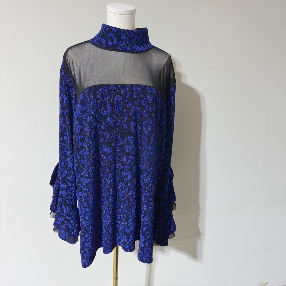 👉 Ashley Stewart Plus Size 26/28 Royal Blue Sparkle Animal Print Top Mesh Detail